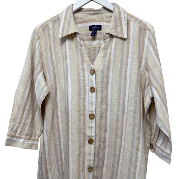 DENIM & Co. Womens Long Shirt Medium Linen Blend Swim Coverup Beige Stripe - Picture 2 of 9